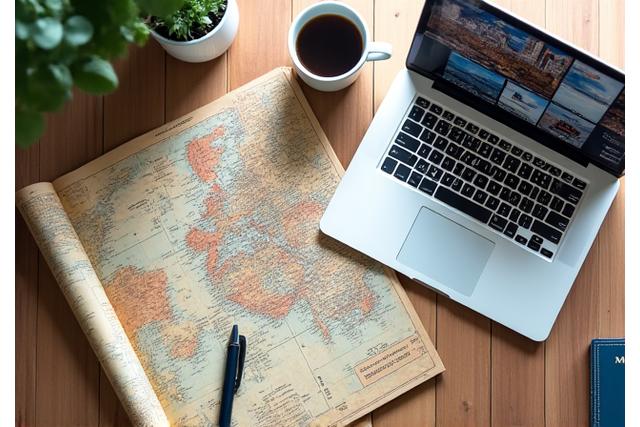 Eine detaillierte Reiseroute und Notizen vor einem Laptop, symbolisiert personalisierte Reiseplanung.